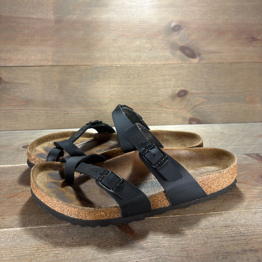 Birkenstock Mayari Womens size 7 shoes Black Leather Buckle Toe Loop sandals